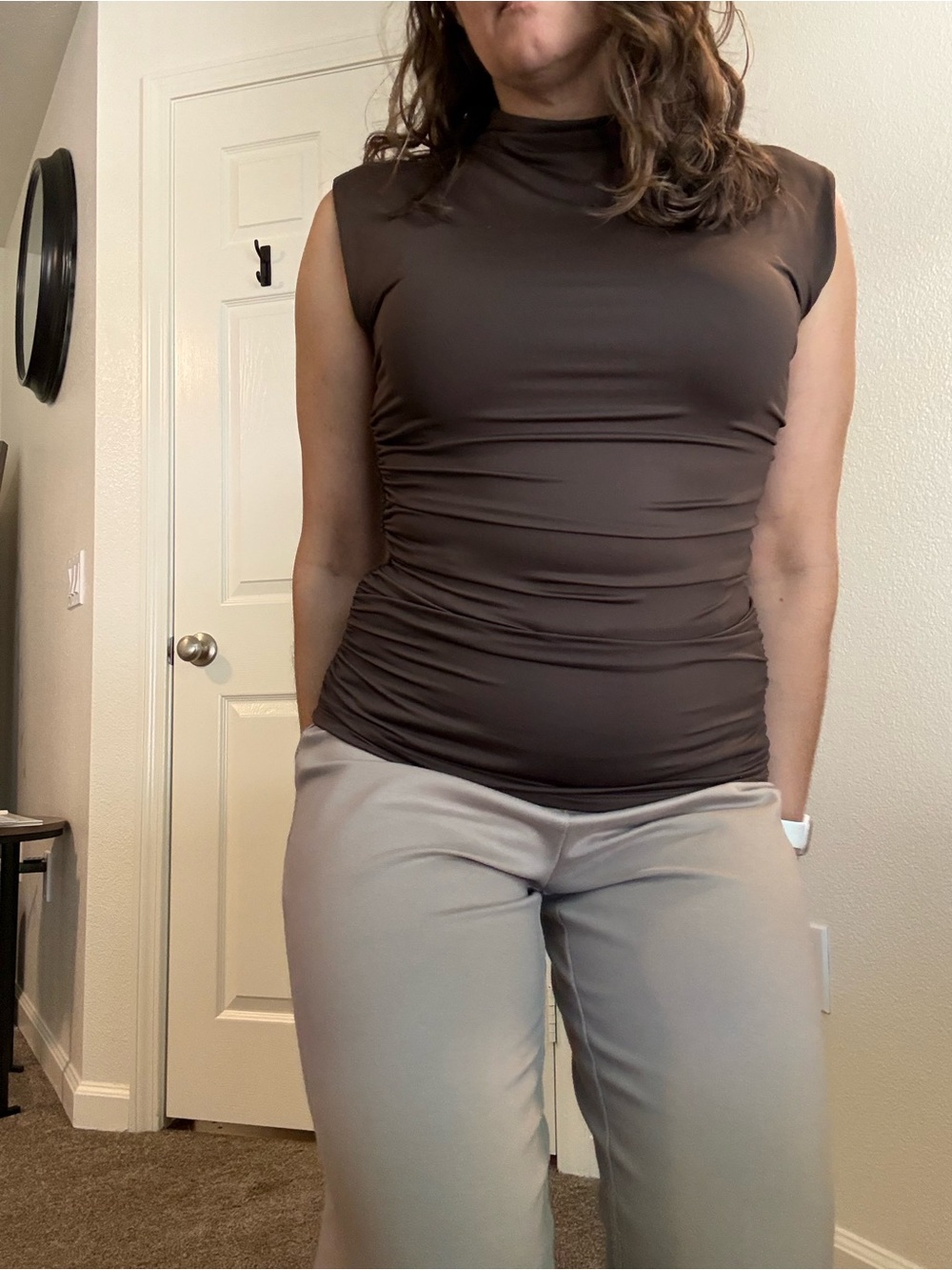 LOFT Versa Brown Sleeveless Ruched Mock-Neck Tank Top